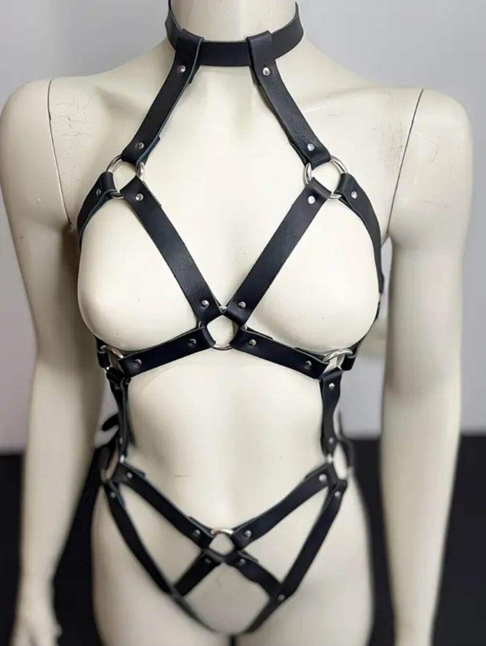 Trendy Women'S Pu Leather Gothic Open Crotch Choker Belt Thigh Bodysuit Harness